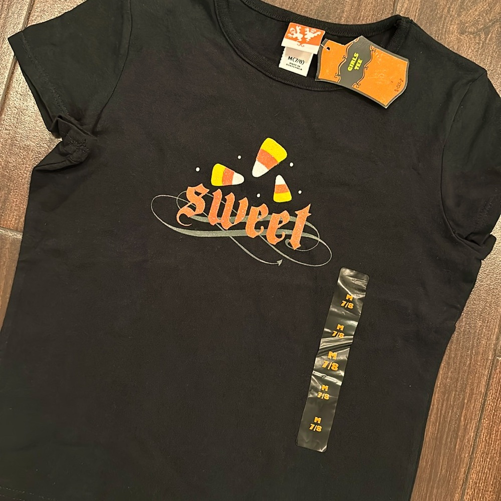 Halloween 🎃 Black Tee shirt Sweet Candy corn sz Medium sparkly New